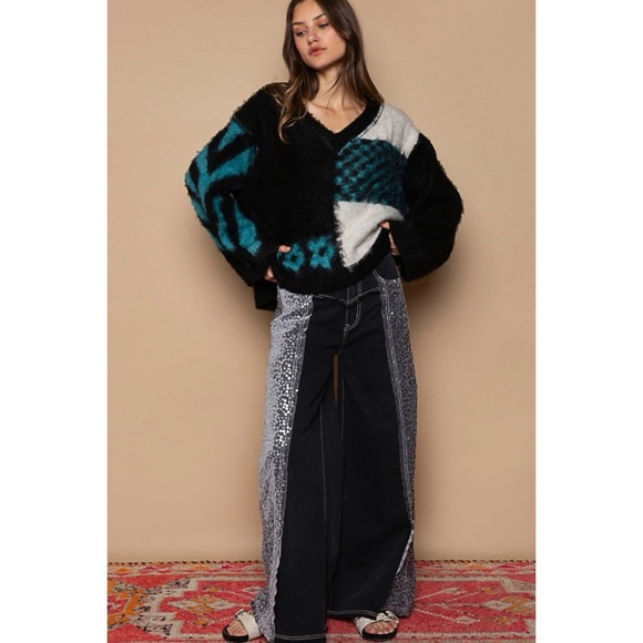 POL Floral Sequin & Velvet Side Stripe Wide Leg Jeans - Picture 7 of 14